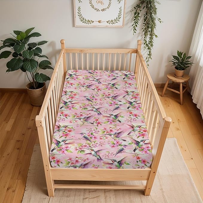 Hummingbird Pink Floral Baby Crib Sheets for Boy Girl 52x28Inch Spring Birds Blossoms Soft Stretchy Fitted Crib Mattress Cover Forest Animals Nursery Baby Sheet for Standard Crib & Toddler Mattress