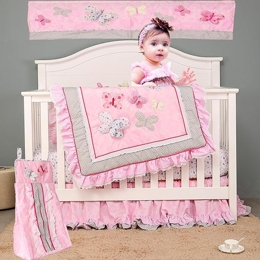 5 PCs Cotton Pink Embroidery Butterfly Nursery Crib Bedding Set Heavy Duty Cotton Butterfly Themed Baby Girl Cot Bedding Set Quilt /Fitted Sheet x 2/ Diaper Storage Bag /Window Valance , 28 X 52