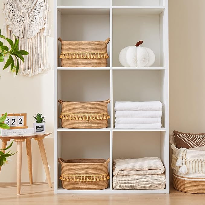BUBUSUN Storage Bins Woven Baskets for Storage Set of 3, Cotton Rope Basket with Handles for Toys/Shelves/Laundry, Rectangle Multi-Purpose Organizer for Living Room, Bedroom, Nursery (Brown)