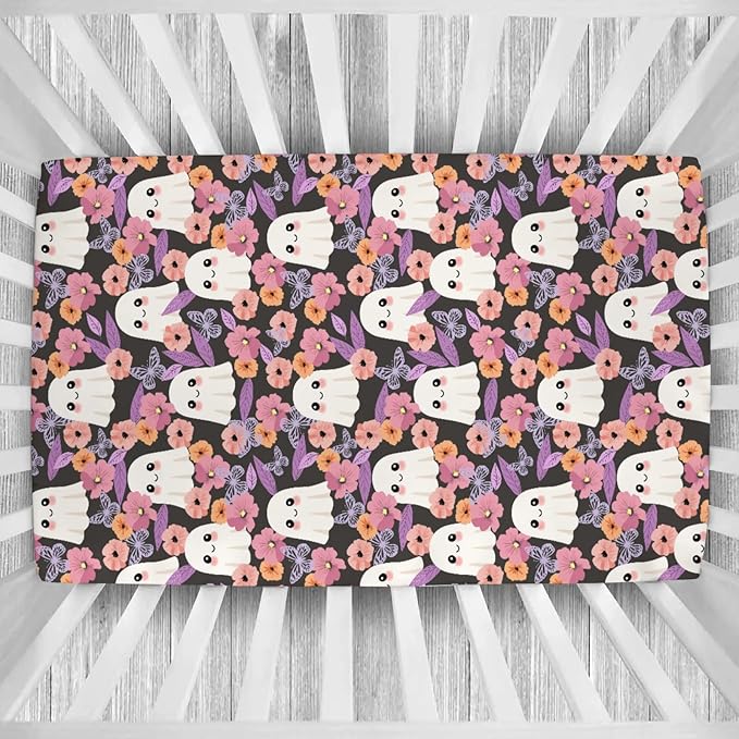 Halloween Spooky Boho Floral Baby Crib Sheets Cute Spooky Retro Flowers Autumn Soft Baby Sheets Fall Holiday Fitted Crib Mattress Cover for Standard Crib Mattress 52"x28"