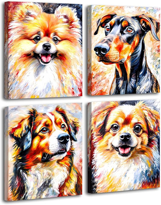 Framed Dog Wall Art Prints,Lovely Dog Canvas Wall Art,Set of 4 Funny Pet Dogs Prints,Colorful Impressionism Animals Wall Art for Living Room Bedroom Office Decor(8"x10")