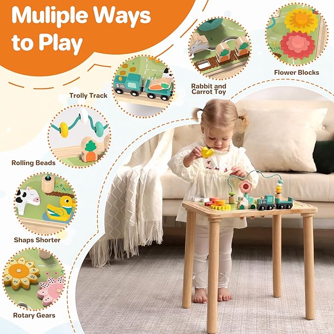 Activity Table for Kids 6-36 Months, 9 in 1 Wooden Montessori Toys with Bead Maze Shape Sorter Train Toy, Baby Sensory Table Toddler Toys 1st Birthday Gifts for Kids
