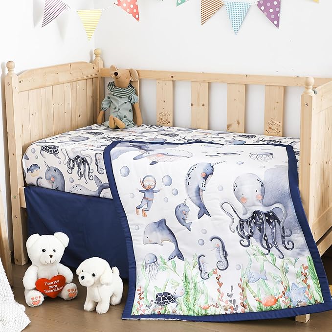 3 Pcs Baby Crib Bedding Set Under The Sea Ocean Nursery Nautical Crib Set Includes Ocean Quilt, Fitted Sheet, Skirt for Baby Boy Girl(Blue)