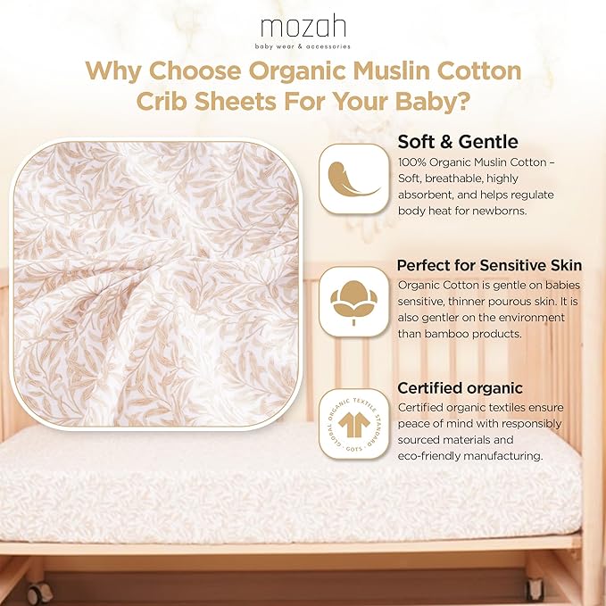 MOZAH Organic Muslin Crib Sheets, Soft and Breathable Bedding for Baby Girls or Boys, Snug Fitted Sheet for Standard Cribs & Toddler Mattresses, 2 Pack, Beige and Beige Leaves