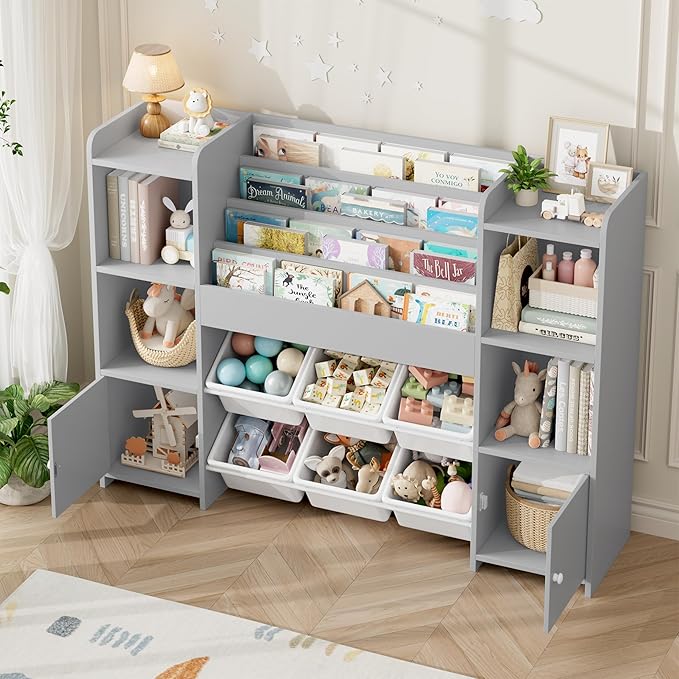 FINETONES Toy Storage Organizer with 6 Toy Bins, Toy Organizer Kids Bookshelf with 6 Cubbies, Toy Organizers and Storage Bins Playroom Storage for Kids Room, Grey