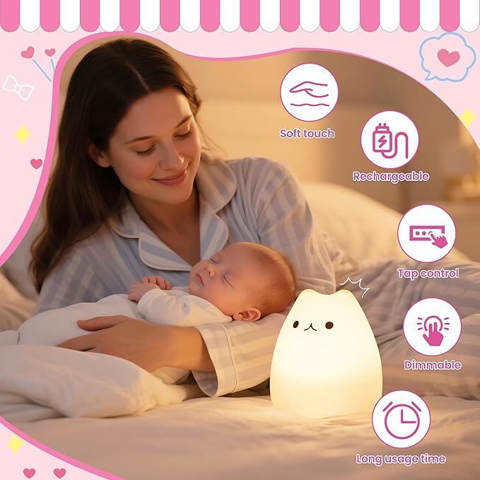 loatme Night Light for Kids, Rechargeable Dimmable Silicone LED Nightlight with 7 Colors, Baby Nursery Night Lamp, Touch Squishy Lamp, Cute Gifts for Girls, Boys, Toddler Room Decor, Cat