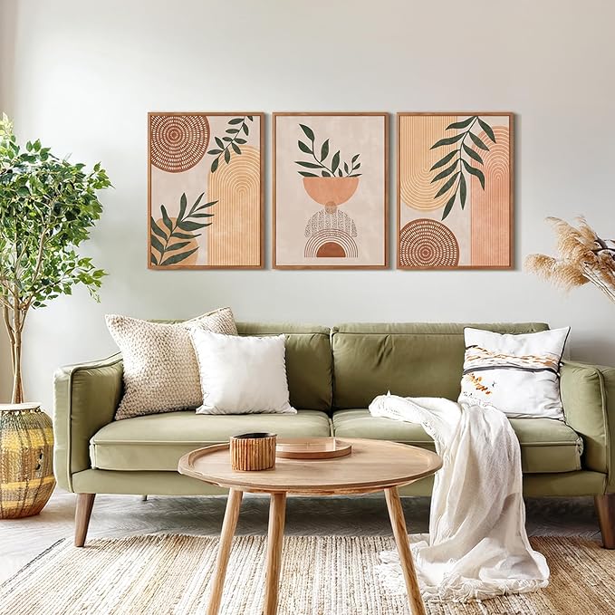 CHDITB Framed Boho Wall Art Set of 3, 16"x24" Mid Century Modern Wall Decor, Bohemian Sun Geometric Painting, Large Abstract Canvas Art Print for Living Room, Bedroom, Dining Room, Office, Bathroom
