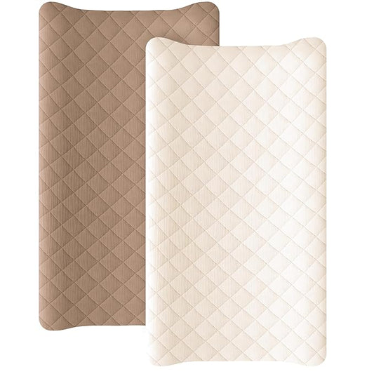 Konssy Waterproof Muslin Changing Pad Cover 2 Pack, Quilted Cotton Fitted Diaper Changing Table Cover, Soft Changing Pad Sheets for Girls Boys (Brown, Cream)