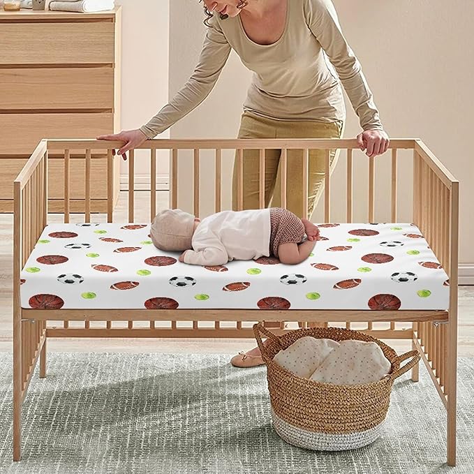 Sports Theme Fitted Crib Sheet for Boys Girls Soccer Balls Football Baseball Basketball Baby Sheet for Standard Crib and Toddler Nursery Bed Mattress Sheets 28"x52"
