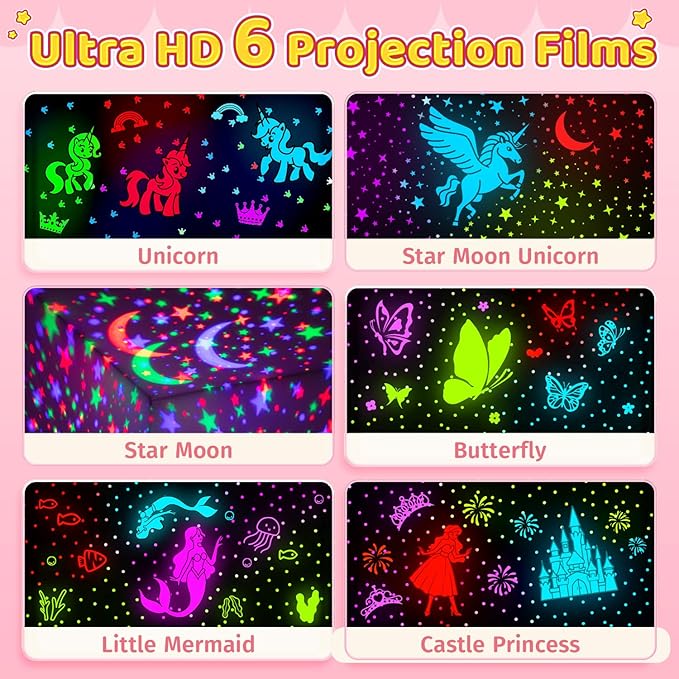 Onefire Christmas Gifts for Girls, 6 Films Light Projector Unicorn Toys for Girls Age 4-6, Rechargeable Night Lights for Bedroom, 360° Rotating Butterfly Decor Mermaid Gifts Princess Baby ToddlerToys