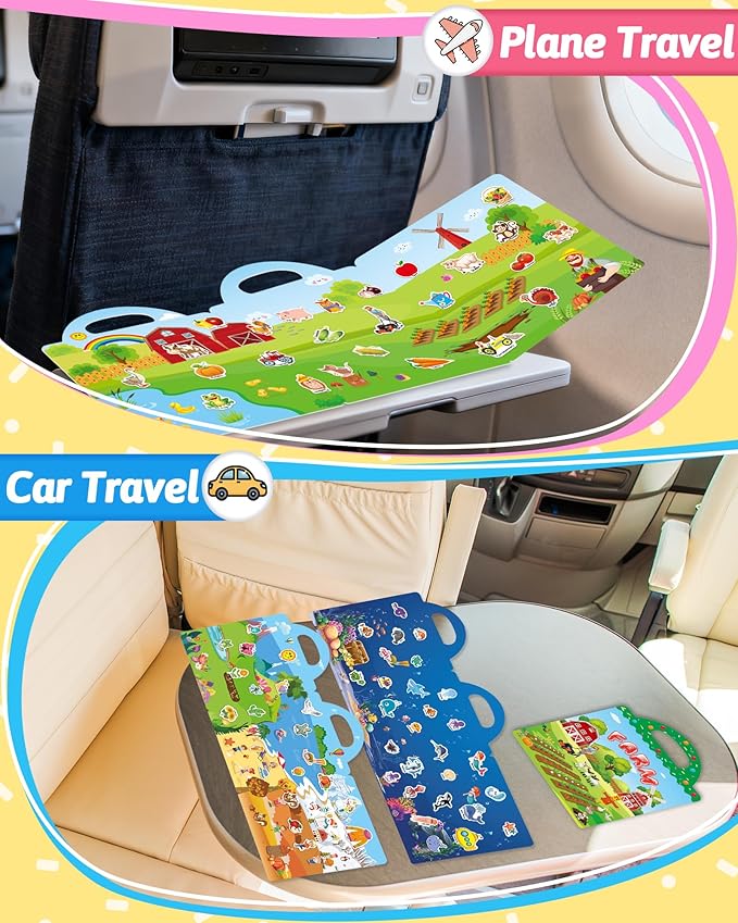 Benresive Reusable Sticker Books for Toddlers, 3 Sets Travel Stickers for Kids, Toddler Sticker Book, Crafts Activities for Toddlers, 3 and Up Birthday Gifts Travel Toys