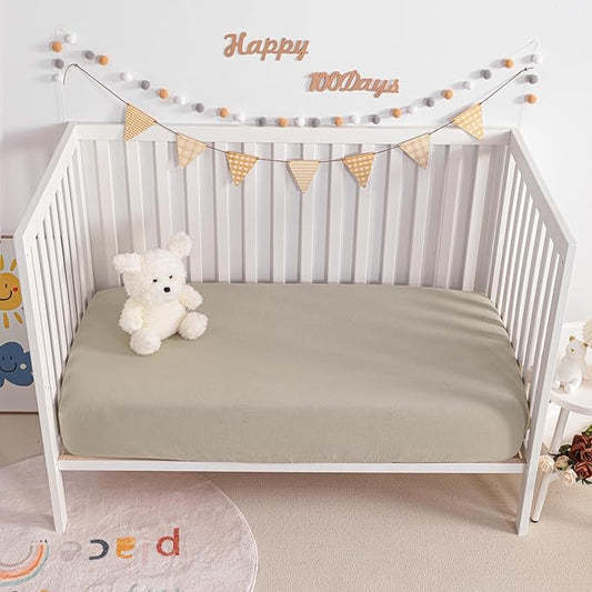 NTBAY 2 Pack Muslin Cotton Mini Crib Sheets, Soft and Breathable Double Layer 24x38 Baby Crib Sheets for Mini Crib and Toddler Mattresses, Boys, Girls, Unisex, Khaki, 24x38 Inches