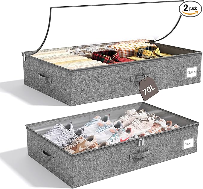 KitHero Extra Large Under Bed Storage Containers Set of 2, 70L, Closet Organizers and Storage with Sturdy Frames Lid, Underbed Storage Bins with Lids, Under Bed Drawers for Blankets, Quilt, Shoe Grey