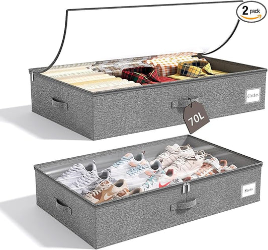 KitHero Extra Large Under Bed Storage Containers Set of 2, 70L, Closet Organizers and Storage with Sturdy Frames Lid, Underbed Storage Bins with Lids, Under Bed Drawers for Blankets, Quilt, Shoe Grey