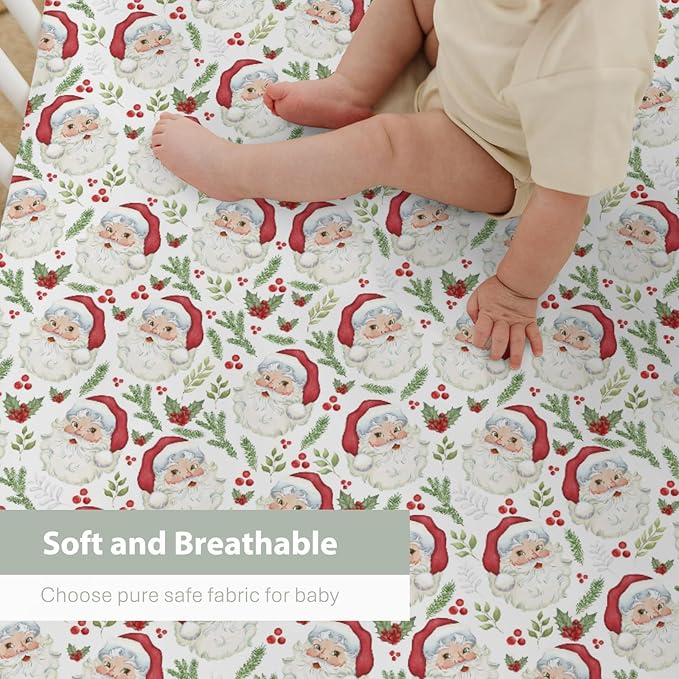 Vintage Christmas Santa Baby Crib Sheets for Boy Girl 52"x28" Santa Claus Cherry Fir Leaves Soft Snug Fitted Crib Mattress Cover Winter Holiday Baby Sheet for Standard Crib & Toddler Bed Mattress