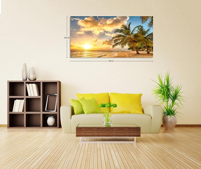 KUNHAAH Wall Art Canvas Painting Golden Ocean Beach Palm Tree 1 Piece Sunset See Coconut Trees Landscape Picture Poster Print Framed and Stretched Ready to Hang for Living Room Bedroom Office Artwork
