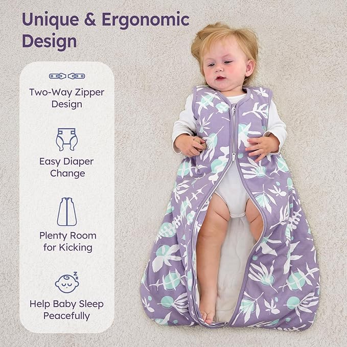 Baby Sleep Sack 0-6 Months TOG 2.5 Winter Baby Wearable Blanket, 100% Cotton Toddler Sleeping Sack with 2-Way Zipper Warm Soft Purple Leaf