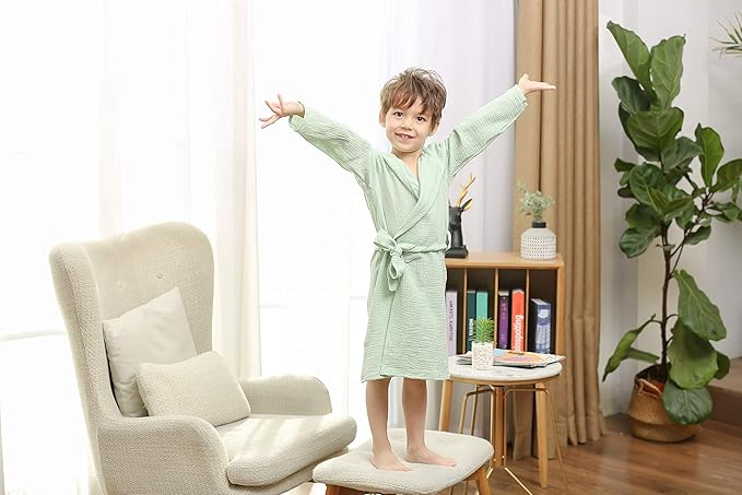 Organic Cotton Toddler Bathrobe, Soft and Breathable Baby Robe for Kid, Boy& Girl Hooded Robe Muslin