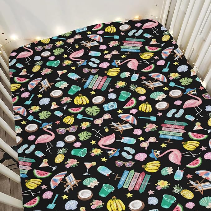 Surf Beach Summer Baby Crib Sheets for Boy Girl 28"x52" Flamingo Tropical Leaves Floral Fruits Soft Stretchy Fitted Crib Mattress Cover Beach Party Vacation Baby Sheet for Crib & Toddler Bed Mattress