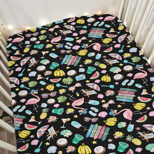 Surf Beach Summer Baby Crib Sheets for Boy Girl 28"x52" Flamingo Tropical Leaves Floral Fruits Soft Stretchy Fitted Crib Mattress Cover Beach Party Vacation Baby Sheet for Crib & Toddler Bed Mattress