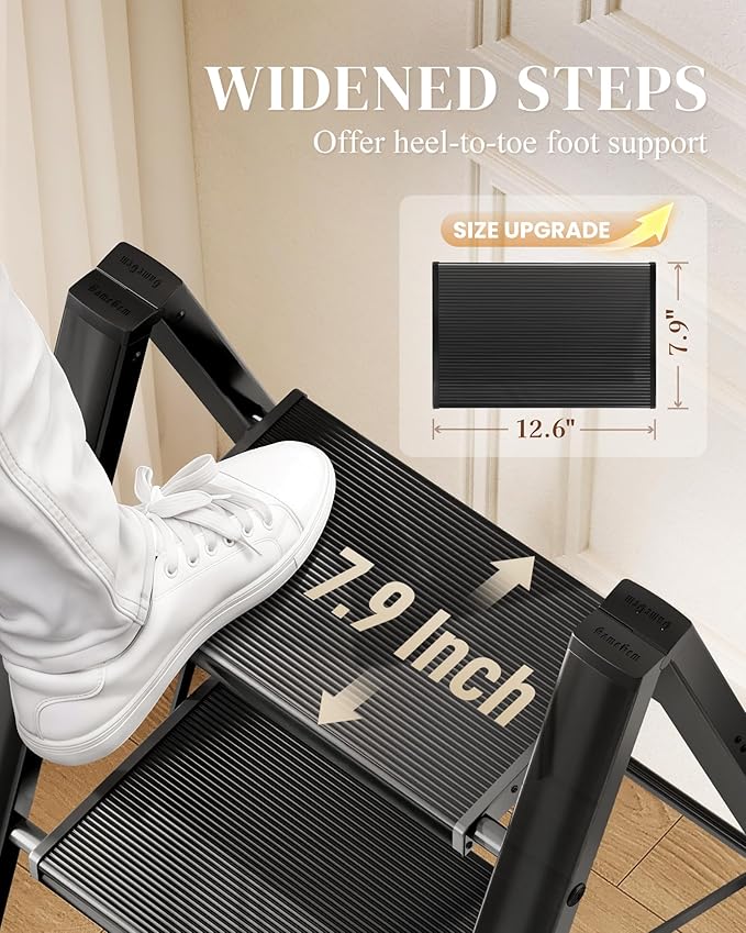 GameGem 3 Step Ladder, Folding Step Stool with Wider Pedal, Anti-Slip Feet & Non Slip Stripes, Aluminum Sturdy Material, 300Lbs Capacity, Elegant Look of Piano Black Better Matches Your Home