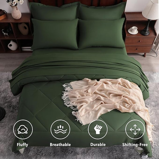 NTBAY King Comforter Set with Sheets, 7 Pieces Soft and Breathable King Bedding Set, Bed in a Bag, Down Alternative Comforter Set Solid Color All Season, King Bedding Set, Olive Green