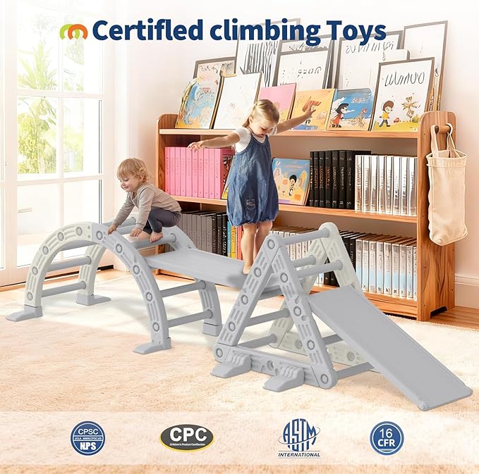 9-in-1 Pikler Triangle Set, HDPE PP Plastic Durable 1-8 Toddler Climbing Toys Indoor with Arch, Ramp, Ladder & Slide, Indoor Montessori Toddler Playground Jungle Gym Playset for Toddlers, White