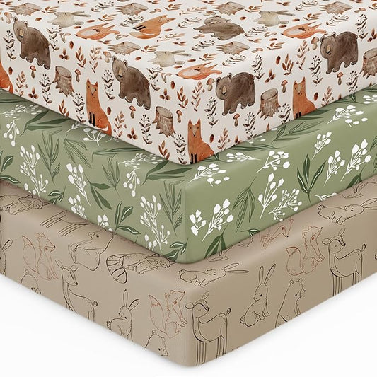 Baby Crib Sheets for Boys Girls, 28x52x8in Fitted Crib Sheet Neutral 3 Pack for Standard Crib and Toddler Mattress, Breathable Soft Microfiber Baby Sheet Green & Brown Fox