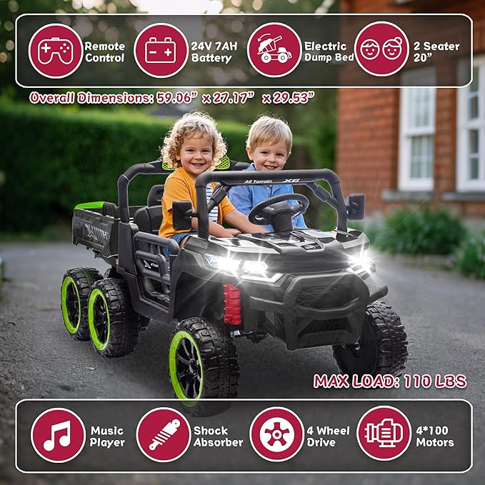 24V 2 Seater 4WD 6x6 Ride On Dump Truck with Remote Control, Ride on Toys for Big Kids with 20inch Seat, 3 Speeds, 4X100 Motors, Music, Ride on Truck for Toddler Boys Girls, Black