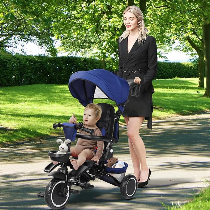 Folding Kids Tricycle, 8 in 1 Baby Trike W/Removable & Adjustable Canopy, Parent Handle, 5-Piont Safety Harness, Toddler Bike Stroller for Kids 1-6 Years, EVA Wheels, Storage Basket, Blue
