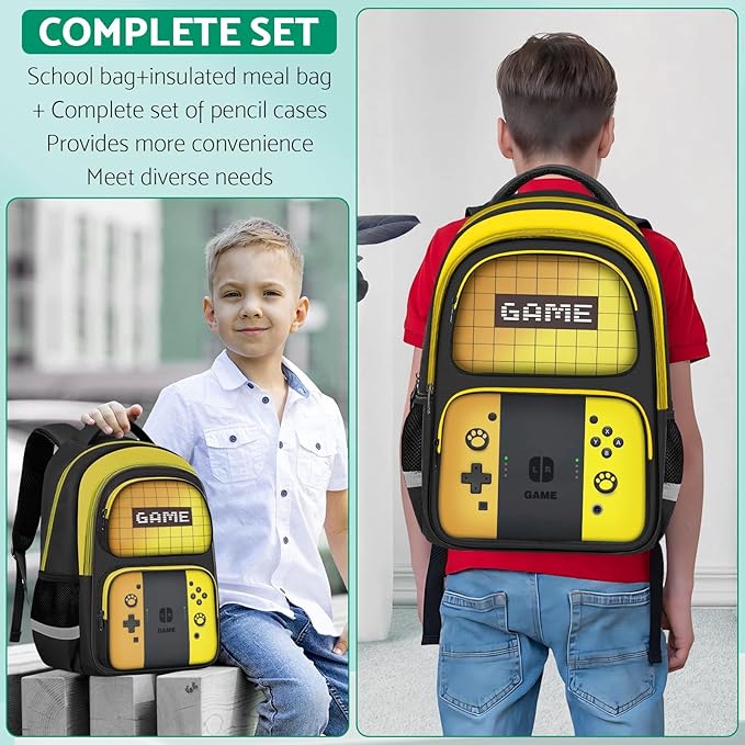 JIRAIKEI Kids Backpack For Boys，Gamer Boys Backpack For Children Teens Elementary Middle School, 17″ Students Bookbag