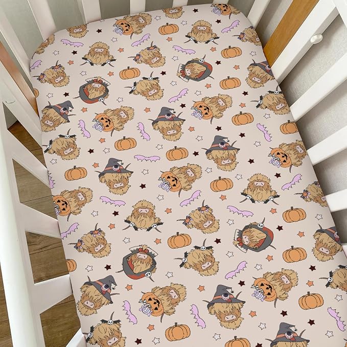 Highland Cow Halloween Baby Crib Sheets for Boy Girl Western Cowboy Fall Pumpkin Bats Soft Snug Fitted Crib Mattress Covers for 52''x28'' Standard Crib & Toddler Mattress Spooky Farm Animal Bed Sheet