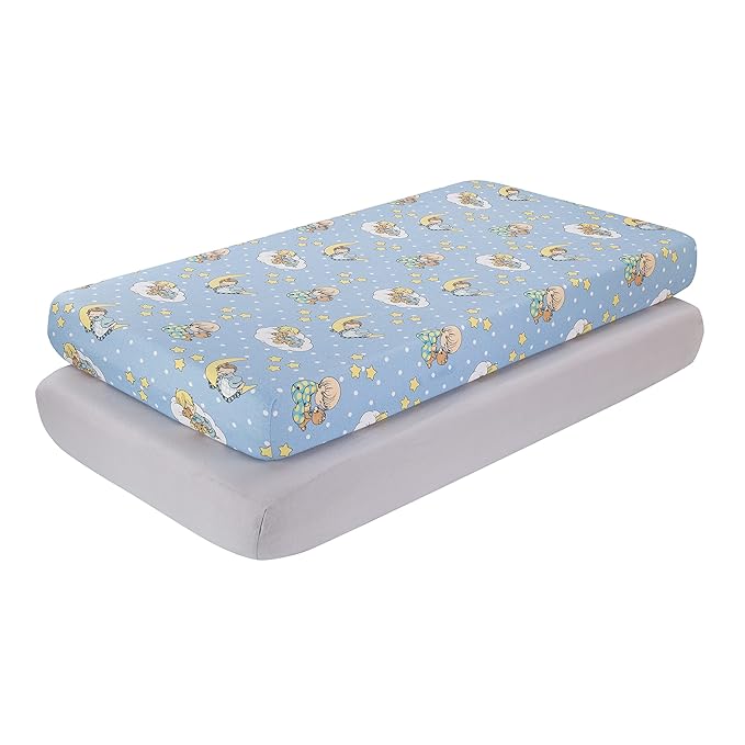 2 Pack Fitted Crib Sheets for Boys in 100% Jersey Knit Cotton – Blue and Yellow Precious Moments Design Plus Solid Gray Boy’s Crib Mattress Sheets by Everyday Kids
