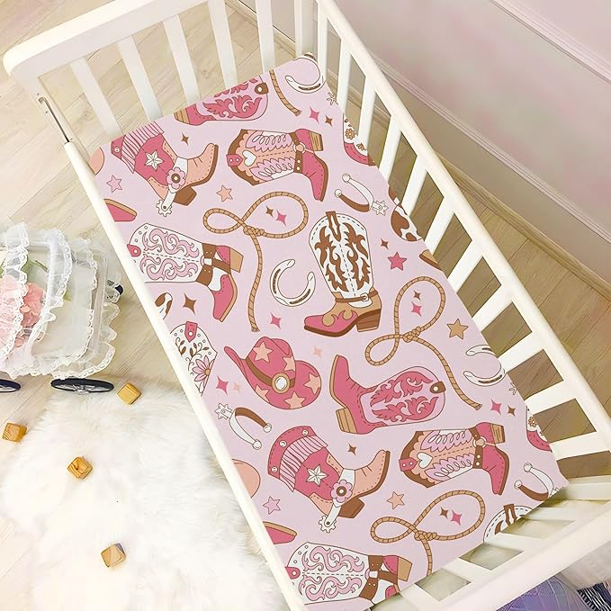 Western Cowgirl Boots Crib Sheets Soft Breathable Fitted Baby Crib Sheets Mattress Cover for Girls Boys, 52" x 28" x 9"
