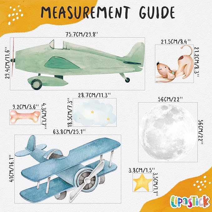 Airplane Wall Decals by Lipastick - 47-Piece Watercolor Vintage Plane Stickers for Kids, Boys Room, Baby Nursery, Toddler Bedroom Decor - Premium Vinyl Aircraft Art - XXL Size