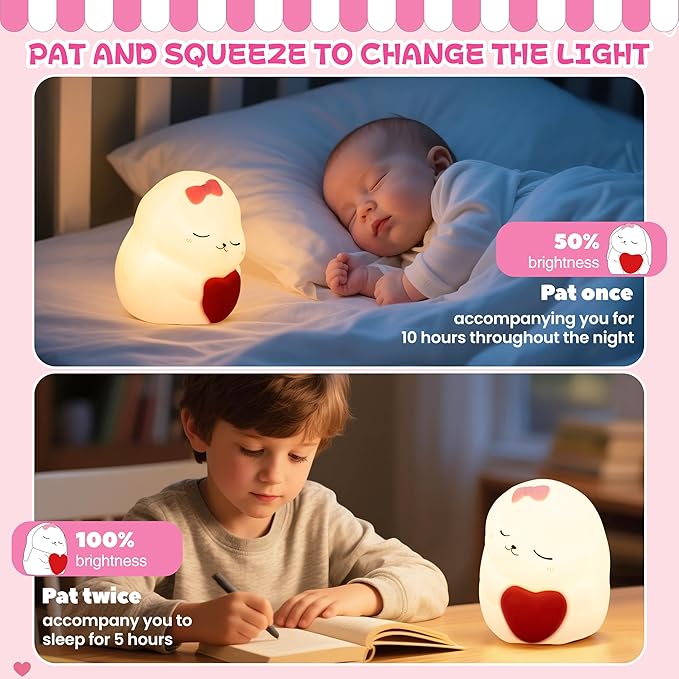 loatme Night Light for Kids, Rechargeable Dimmable Silicone LED Nightlight with 7 Colors, Baby Nursery Night Lamp, Touch Squishy Lamp, Cute Gifts for Girls, Boys, Toddler Room Decor, Rabbit