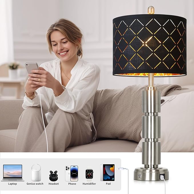 luxeflow Set of 2 Modern Table Lamps for Living Room Bedroom,29" Tall Bedside Lamp with 2 USB Port,Silver Metal Touch Nightstand Lamp for Desk End Side Table Entryway,Silver