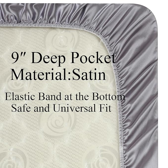 Knlpruhk Silk Fitted Crib Sheet 28" x 52" Surface (100% Pure Mulberry Silk) – 9" Deep Pocket (Satin) for Baby Hair 19 Momme 6A High Grade Fibers Ultra Soft Smooth Breathable Grey