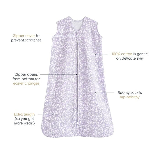 HALO SleepSack, 100% Cotton Wearable Blanket, Swaddle Transition Sleeping Bag, TOG 0.5, Aster Flowers-purple, Small, 0-6 Months