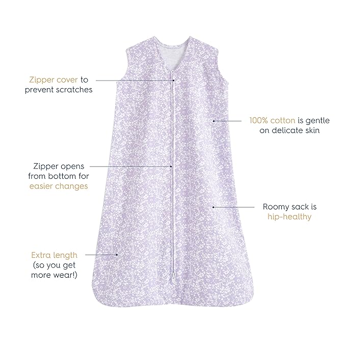 HALO SleepSack, 100% Cotton Wearable Blanket, Swaddle Transition Sleeping Bag, TOG 0.5, Aster Flowers-purple, Large, 12-18 Months