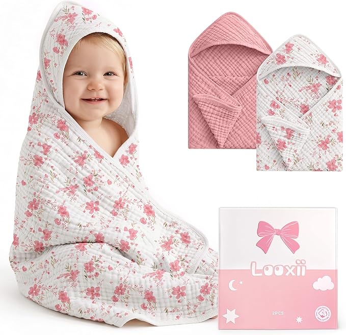 Looxii Baby Bath Towels 2 Pack Muslin Hooded Baby Towels for Newborn and Infants, 100% Cotton, Large 32x32Inch, Soft and Absorbent Pink+Flowers