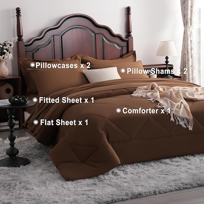 NTBAY Queen Comforter Set with Sheets, 7 Pieces Soft and Breathable Queen Bedding Set, Bed in a Bag, Down Alternative Comforter Set Solid Color All Season, Queen Bedding Set, Brown