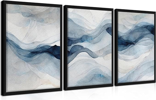 Framed 3D Textured Blue Abstract Wall Art, Modern Navy Blue Abstract Wall Decor Paintings, Neutral Minimalist Texture Posters Prints Pictures for Living Room Bedroom Office Home Decor 12x16 Inch
