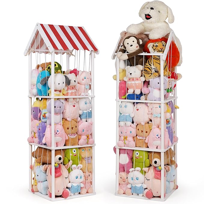 Edudif Stuffed Animal Storage, Space Saving Vertical Stuffed Animal Holder Wood, Easy Assembly Cottage-Style Plush Toys Organizer for Kids Bedroom & Playroom (White, Large)