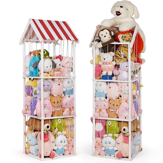 Edudif Stuffed Animal Storage, Space Saving Vertical Stuffed Animal Holder Wood, Easy Assembly Cottage-Style Plush Toys Organizer for Kids Bedroom & Playroom (White, Large)