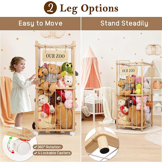 Edudif Stuffed Animal Storage Zoo, Wooden Stuffed Animal Organizer with Removable Wheels & 5-Row Elastic Cords, Space-Saving Plush Toy Storage Holder for Playroom, Bedroom, Nursery