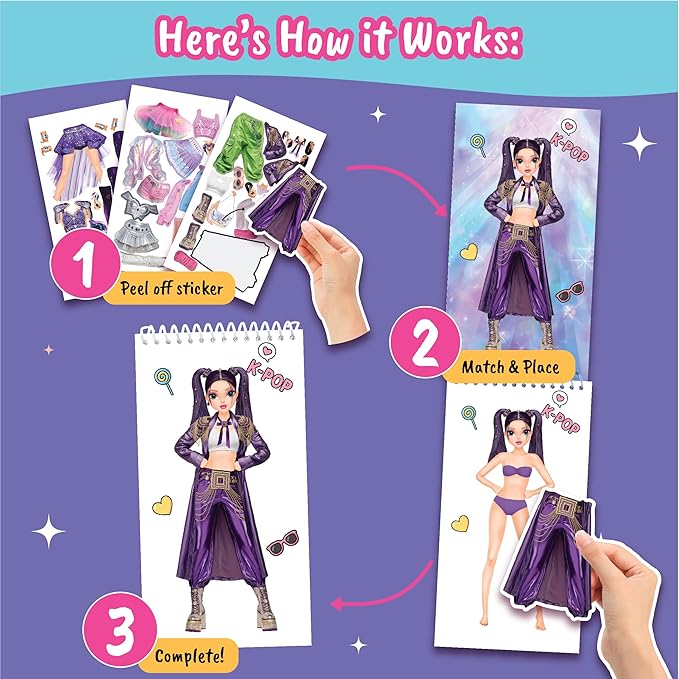 BSCOOL Sticker Dress up K-Pop - Sticker Activity Book for Kids. Learn Girls Fashion Design with Stickers and Guides for Kids 5 and up. Little Designer Creativity Book. K-Pop Singer Performance