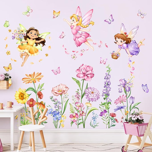 Tanlaby Flower Fairy Wall Decals Butterfly Girl with Wildflower Sunflower Wall Stickers Elves Wall Art Decor for Girl Baby Nursery Kids Bedroom Living Room