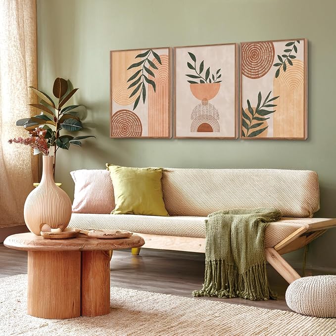 CHDITB Framed Boho Wall Art Set of 3, 16"x24" Mid Century Modern Wall Decor, Bohemian Sun Geometric Painting, Large Abstract Canvas Art Print for Living Room, Bedroom, Dining Room, Office, Bathroom