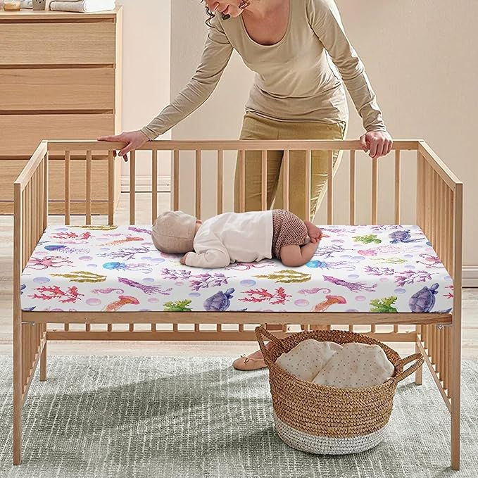 Ocean Purple Fitted Crib Sheet for Boys Girls Turtle Jellyfish Sea Horse Weeds Sea Life Baby Sheet for Standard Crib and Toddler Nursery Bed Mattress Sheets 28"x52"